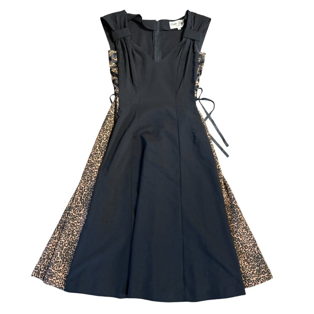 Bettie Page by Tatyana Retro Pinup Dress S small black leopard print vintage